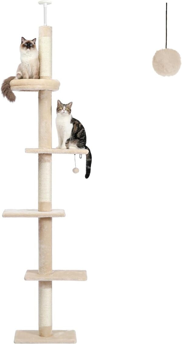 PETEPELA Cat Tower 5-Tier Floor to Ceiling Cat Tree Height(95-107 Inches) Adjustable, Tall, Climbing Tree Featuring with Scratching Post, Cozy Bed,Interactive Ball Toy for Indoor Cats/Kitten Beige