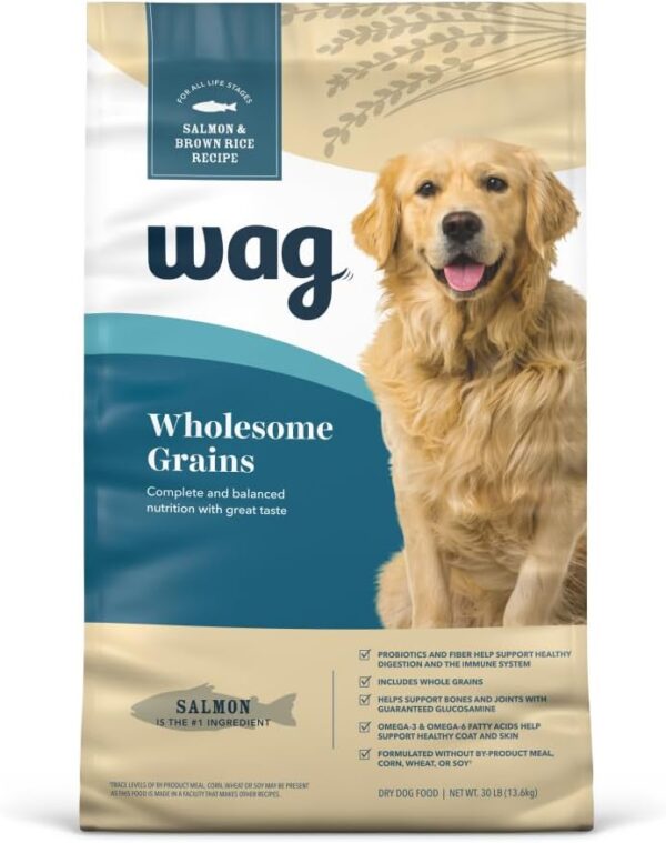 Amazon Brand – Wag Dry Dog Food, Salmon and Brown Rice, 30 lb Bag (Pack of 1)