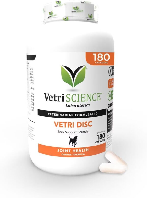 VetriScience Vetri Disc Joint Supplement for Dogs - Spine Support & Joint Health Dog Supplement with Chondroitin Sulfate, Vitamins B6, C & D, Calcium, Magnesium, Horsetail Herb & More - 180 Capsules​