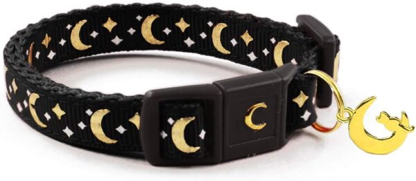 Gold Moons and Stars Safety Breakaway Cat Collar, Glow in The Dark (Standard 9"-15" Neck, Black)