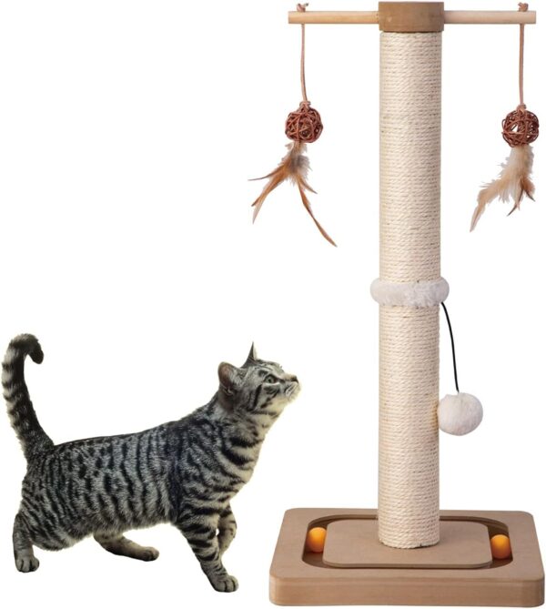 Cat Scratching Post Premium Sisal Toll Scratch Posts with Tracking Interactive Toys Vertical Scratcher for Indoor Cats and Kittens- 25 inches Beige