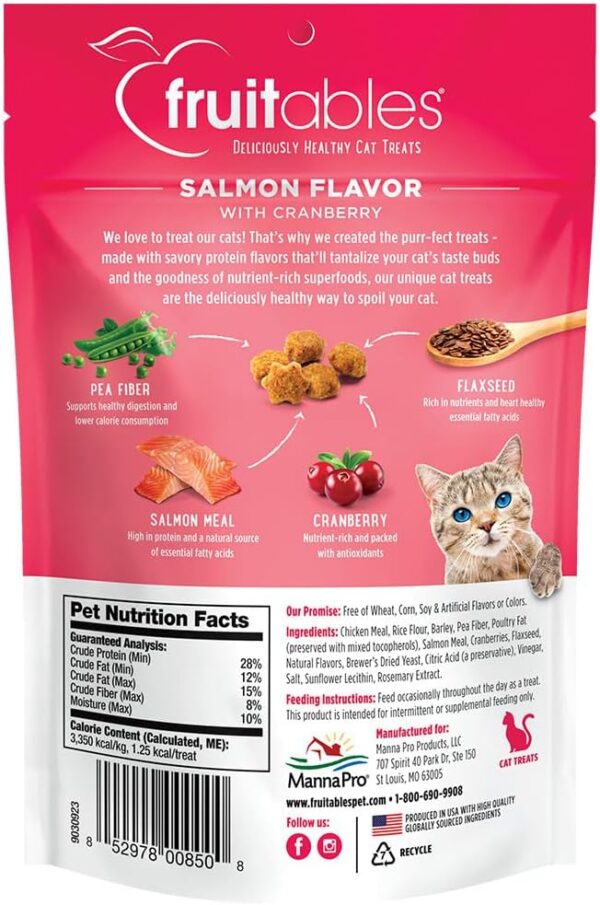 Fruitables Cat Crunchy Treats For Cats – Healthy Low Calorie Packed with Protein – Free of Wheat, Corn and Soy – Made with Real Salmon with Cranberry – 2.5 Ounces - Image 2