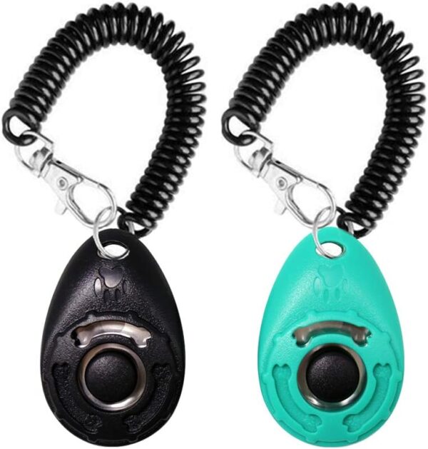 Dog Training Clicker with Wrist Strap Durable Lightweight Easy to Use, Pet Training Clicker for Cats Puppy Birds Horses. Perfect for Behavioral Training 2-Pack (Black and Water Lake Blue)