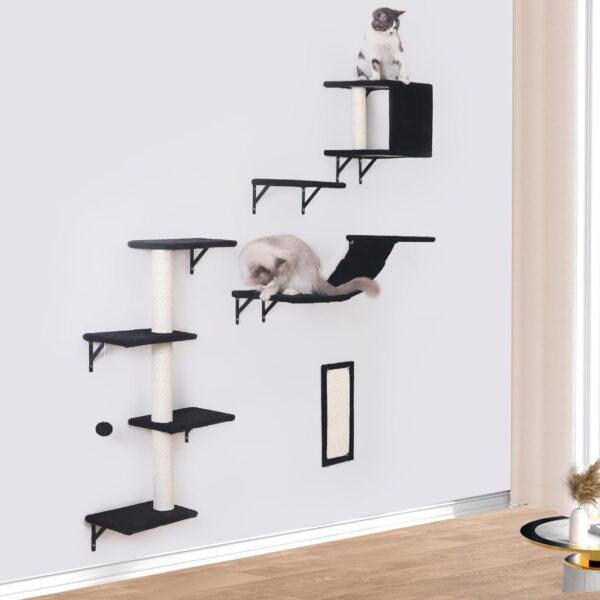 Modern Wall-Mounted Cat Furniture - 5pcs Cat Wall Shelves, Stable Wooden Cat Climber with Cat House, Bridge, Tree, Steps, and Scratcher - Black - Image 7