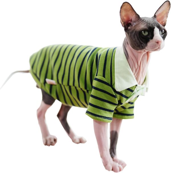 Sphynx Cat Shirt Cotton Hairless Kitten Polo T-Shirt with Sleeves Pullover Cat Pajamas for Sphynx Cornish Rex, Devon Rex, Peterbald (Green Black Polo, Medium)