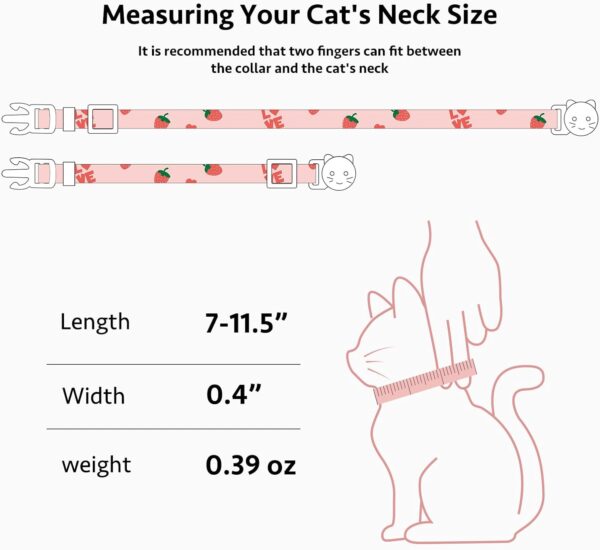 2 Pack Cotton Breakaway Cat Collar,Pink Strawberries and White Heart Shaped Pendant Kitten Collar Cute Cat Collar with Bell,Ideal for Girl Cats Boy Cats - Image 3