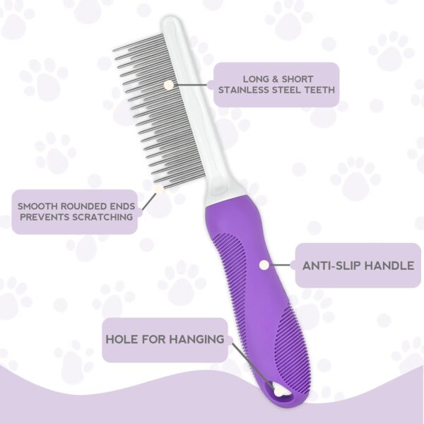 Detangling Pet Comb for Dog & Cat, Grooming Comb with Long & Short Stainless Steel Teeth, Safely Remove Knots & Tangles for Healthy Shiny Coat, Gentle Effective Detangling Tool for Pet Hair - Image 3