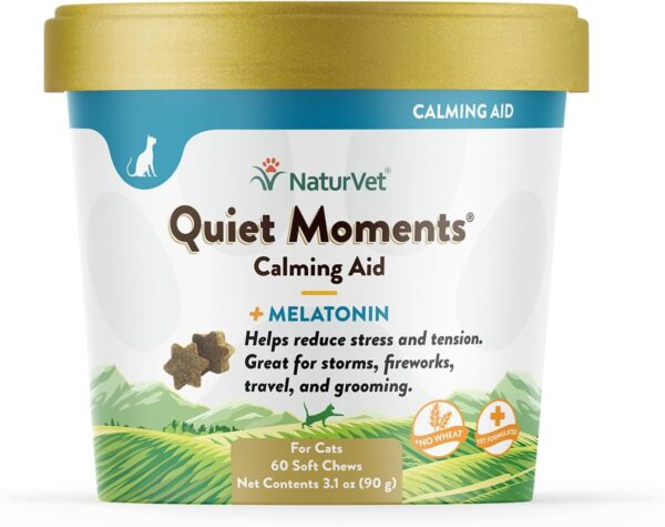 NaturVet –Quiet Moments Calming Aid for Cats Plus Melatonin – 60 Soft Chews – Helps Reduce Stress & Promote Relaxation – Great for Storms, Fireworks, Travel & Grooming