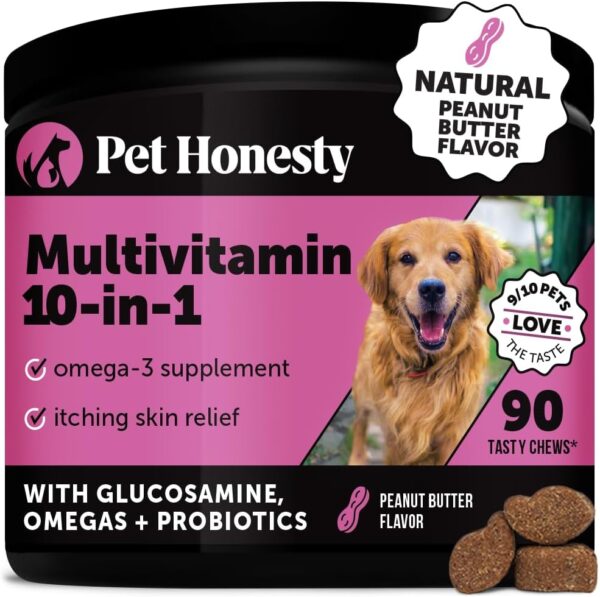 Pet Honesty Multivitamin Dog Supplement, Glucosamine chondroitin for dogs, Probiotics, Omega Fish oil, dog supplements & vitamins, dog vitamins for skin and coat allergies, (Peanut Butter 90 ct)