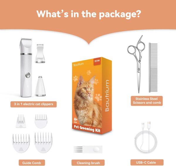 Cat Grooming Clippers Kit for Matted Hair, Bautrium 3 in 1 Electric Pet Hair Trimmer for Thick Hair, Heavy Coat Butt Shaver Cordless Cat Razor Claw Fur Trimmer for Dogs and Other Small Animals at Home - Image 6