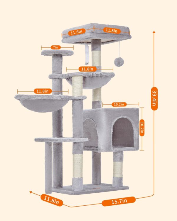 Cat Tree, 39.4-Inch Cat Tower for Indoor Cats,Suitable for Kittens,Plush Cat Condo with 5 Scratching Posts, Plush Perch,2 Hammock,Pompoms, MS019W Light Gray - Image 2