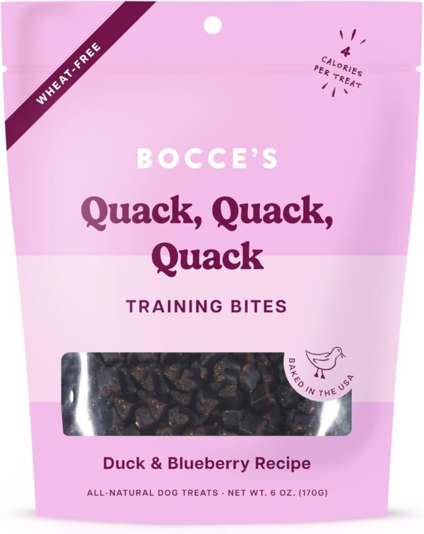 Bocce's Bakery Quack, Quack, Quack Training Treats for Dogs, Wheat-Free Dog Treats, Made with Real Ingredients, Baked in The USA, All-Natural & Low Calorie Training Bites, Duck & Blueberry, 6 oz