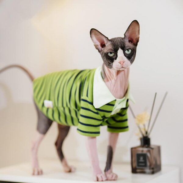 Sphynx Cat Shirt Cotton Hairless Kitten Polo T-Shirt with Sleeves Pullover Cat Pajamas for Sphynx Cornish Rex, Devon Rex, Peterbald (Green Black Polo, Medium) - Image 3