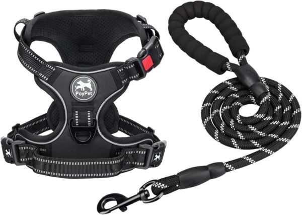 PoyPet Dog Harness and Leash Combo, Escape Proof No Pull Vest Harness, with 5 Feet Leash, Reflective Adjustable Soft Padded Pet Harness with Handle for Small to Large Dogs(Black,M)