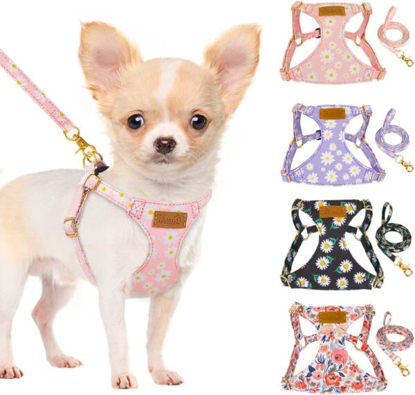 SlowTon No Pull Dog Harness with Leash - Soft Lightweight Floral Pattern Puppy Harness, Adjustable Pet Harness for Small Medium Dogs (Pink Daisy XXS)