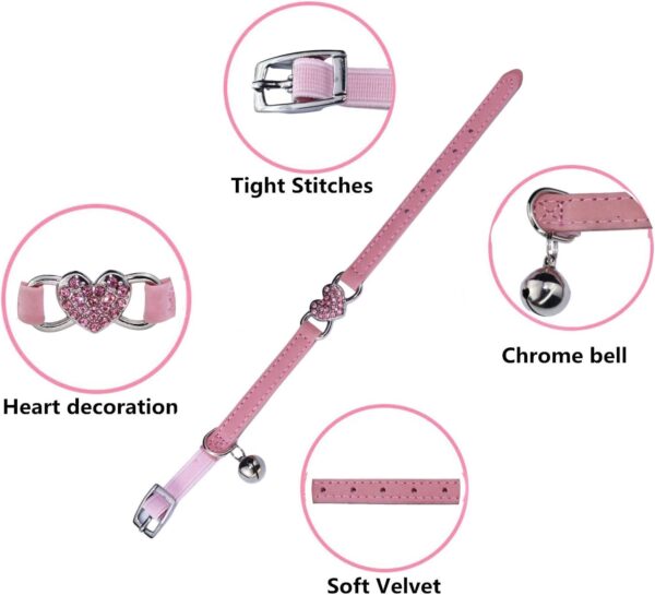 Heart Bling Cat Collar with Safety Belt and Bell Adjustable 8-10 inches for Kitten Cats (Pink) - Image 3