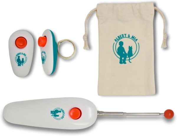 ALBERT & MIA Cat Training Kit (4 Pieces) - Quiet Clicker + Target Stick Clicker + Treats Pouch + Cat Clicker Training Start Guide (Beginner to Expert)