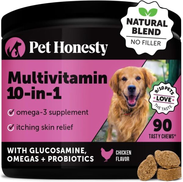 Pet Honesty Multivitamin Dog Supplement, Glucosamine chondroitin for Dogs, Probiotics, Omega Fish Oil, Dog Supplements & Vitamins, Dog Vitamins for Skin and Coat Allergies, (Chicken 90 ct)