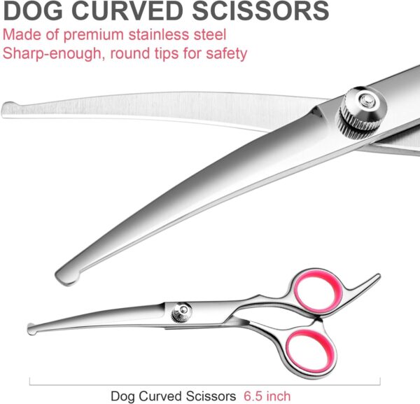 Dog Grooming Scissors with Safety Round Tips Stainless Steel Professional Dog Grooming Kit - Thinning, Curved Scissors and Comb for Dog Cat Pet - Image 3