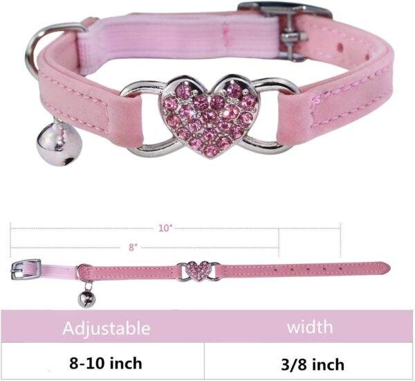 Heart Bling Cat Collar with Safety Belt and Bell Adjustable 8-10 inches for Kitten Cats (Pink) - Image 2