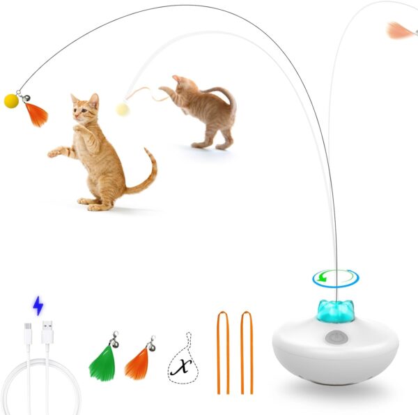 Interactive Cat Toys Cat Exercise Tumbler, Rechargeable Cat Toys for Indoor Cats Spin Butterfly Game Teasing Kitty, Extra Long Feather Wand (P33 cat Toys)