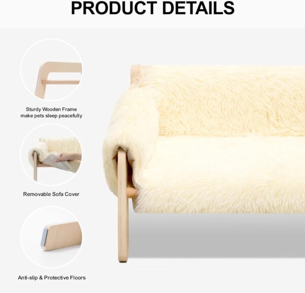 MEWOOFUN Cat Couch Bed, Pet Sofa for Indoor Cats Wooden Indoor Pet Furniture Elevated Cat Beds with Removable Mattress Cover Suitable for Kitty, Puppy or Small Animal (Plush Beige) - Image 5