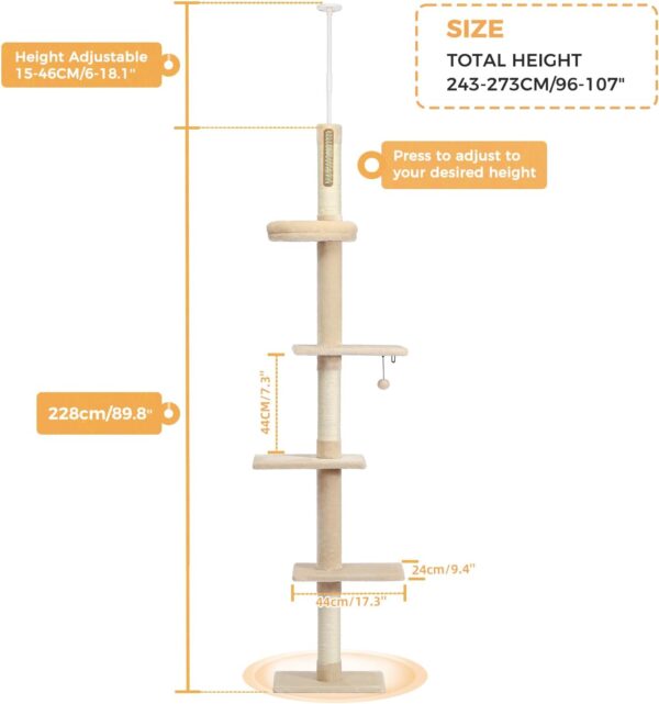 PETEPELA Cat Tower 5-Tier Floor to Ceiling Cat Tree Height(95-107 Inches) Adjustable, Tall, Climbing Tree Featuring with Scratching Post, Cozy Bed,Interactive Ball Toy for Indoor Cats/Kitten Beige - Image 6