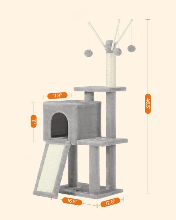 Feandrea Cat Tree, 46.5-Inch Cat Tower for Indoor Cats, Multi-Level Plush Cat Condo, Scratching Post, Ramp, 3 Removable Pompom Sticks, Cat Cave, Light Gray UPCT143W01 - Image 5