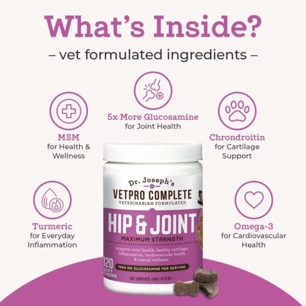 VetPro Dog Hip and Joint Supplement - Pain and Inflammation Relief Chews with Glucosamine, Chondroitin, MSM, Turmeric, Vitamin C, Omega 3 - Treats Hip Dysplasia, Arthritis - Dogs Chewable Supplements - Image 4