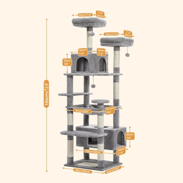 PAWZ Road Large Cat Tree, 72 Inches Cat Tower for Large Cats, Cat Condo with Sisal-covered Scratching Posts and Pads, 2 Padded Perch, Dual Condo and Basket for Indoor Cats-Gray - Image 6