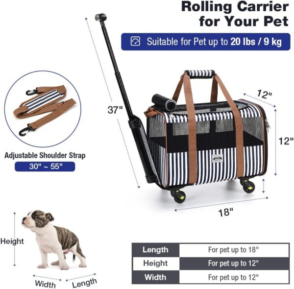 Cat Carier with Wheels, Lekesky Dog Carrier Airline Approved Rolling Pet Carrier with Telescopic Handle and Shoulder Strap, Striped - Image 4