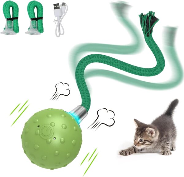 Interactive Cat Ball Toy,Motion Activated Automatic Moving Ball Toy with Long Tail Teaser/Simulation Bird Sound/USB Rechargeable Cat Toys Self Play