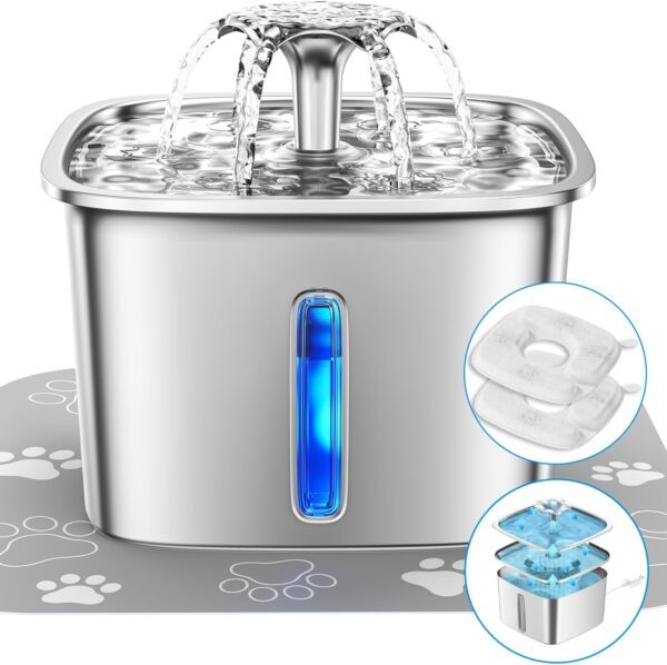 Veken Innovation Award Winner Stainless Steel Cat Water Fountain, 95oz/2.8L Automatic Pet Fountain Dog Water Dispenser with Replacement Filters & Silicone Mat for Cats, Dogs, Multiple Pets (Silver)