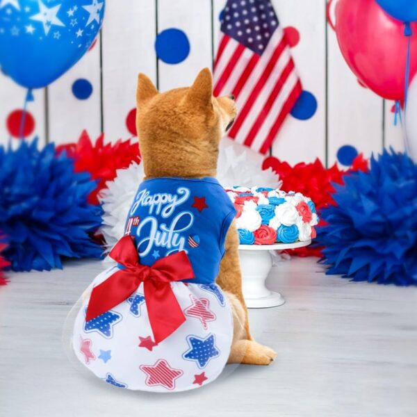 Happy 4th of July Dog Outfit Patriotic Dog Tulle Dress with Red Bowknot Independent Day Dog Pet Doggie Apparel Clothes for Small Dogs Puppy Cats Girl - Image 2