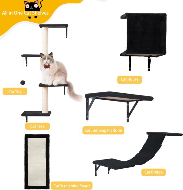 Modern Wall-Mounted Cat Furniture - 5pcs Cat Wall Shelves, Stable Wooden Cat Climber with Cat House, Bridge, Tree, Steps, and Scratcher - Black - Image 5