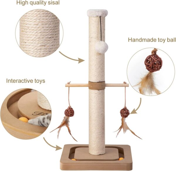 Cat Scratching Post Premium Sisal Toll Scratch Posts with Tracking Interactive Toys Vertical Scratcher for Indoor Cats and Kittens- 25 inches Beige - Image 3