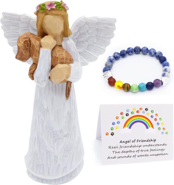 Angel of Friendship Dog Memorial Gifts, Pet Sympathy Gift, Loss of Dog Gifts, Passed Away Dog Gifts, Angel Figurines Dog Remembrance Gift with 7 Chakra Pet Memorial Rainbow Bridge Bracelet