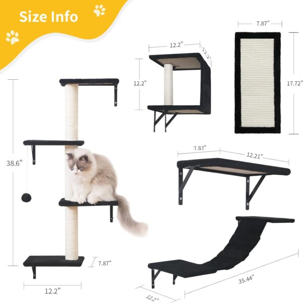 Modern Wall-Mounted Cat Furniture - 5pcs Cat Wall Shelves, Stable Wooden Cat Climber with Cat House, Bridge, Tree, Steps, and Scratcher - Black - Image 4