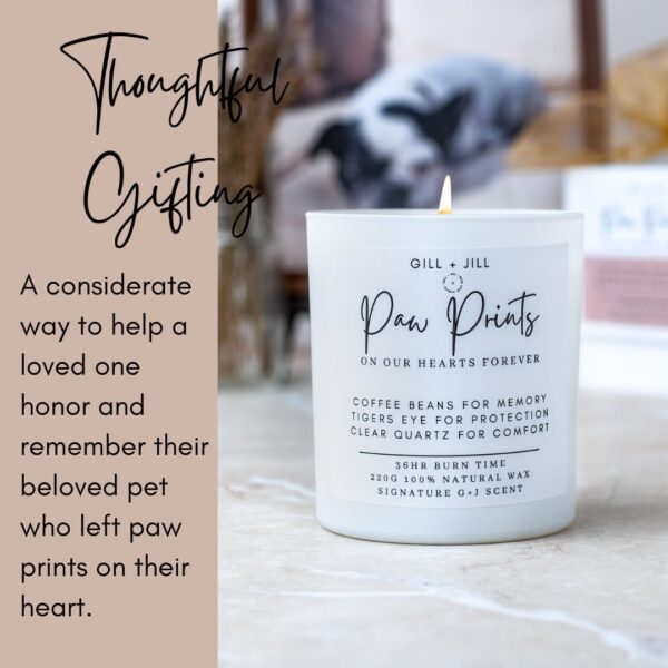 Paw Prints Pet Memorial Candle, Pet Loss Sympathy Gift, Cat Memorial, Rainbow Rridge Dog Memorial Gifts Paraffin-Free 100% Natural Soy Wax Blend with Clear Quartz, Tiger Eye and Coffee Beans - Image 2