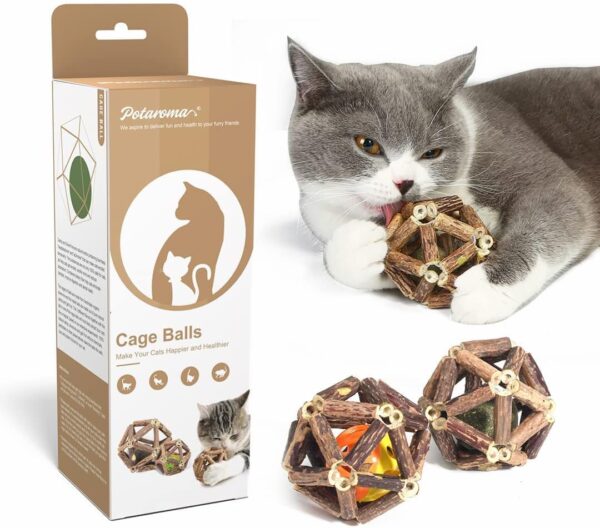 Potaroma Catnip Toys, 3Pcs Cat Toys Natural Silvervine Stick Cage Balls & Bell Ball for Indoor Cats, Kitten Cleaning Teeth Molar Matatabi Cat Chew Toy All Breeds