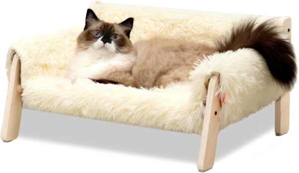 MEWOOFUN Cat Couch Bed, Pet Sofa for Indoor Cats Wooden Indoor Pet Furniture Elevated Cat Beds with Removable Mattress Cover Suitable for Kitty, Puppy or Small Animal (Plush Beige)