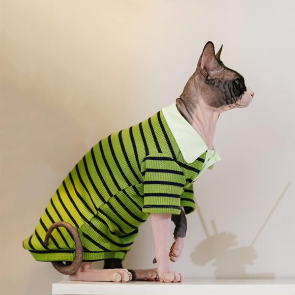 Sphynx Cat Shirt Cotton Hairless Kitten Polo T-Shirt with Sleeves Pullover Cat Pajamas for Sphynx Cornish Rex, Devon Rex, Peterbald (Green Black Polo, Medium) - Image 5