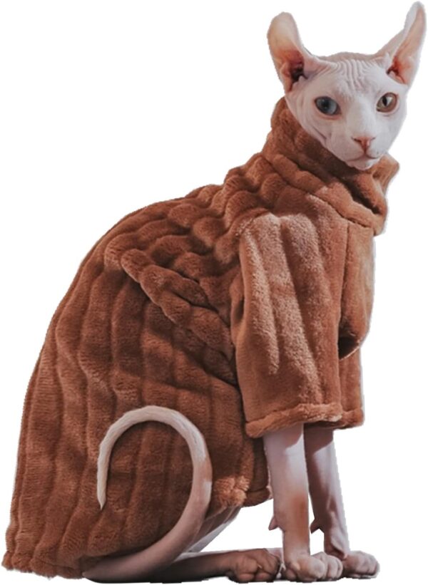 Turtleneck Sweater for Sphynx Cat Soft Coral Fleece Cat Clothes Thick Winter Warm Outfit Coat for Hairless Cats and Small Dogs Apparel with Sleeves (L (7-8.5 lbs), Brown)