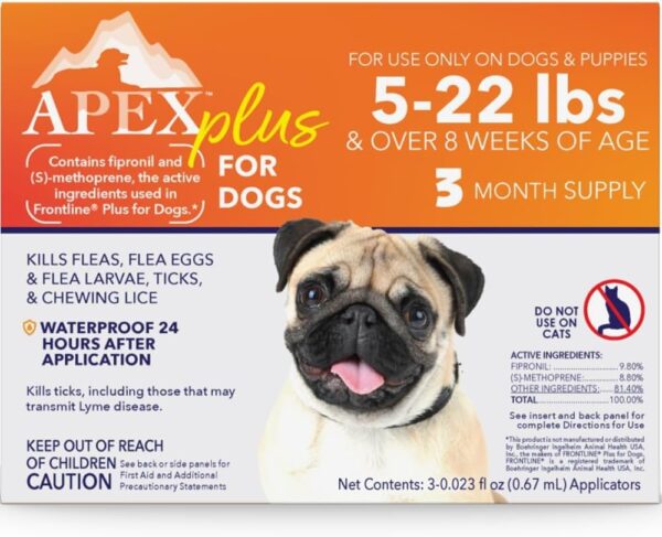 Apex Plus Flea and Tick Prevention for Dogs | Small (5-22 lbs) | 3-Month Supply | Dog Flea and Tick Treatment | 24-Hour Activation, Waterproof, 30-Day Protection