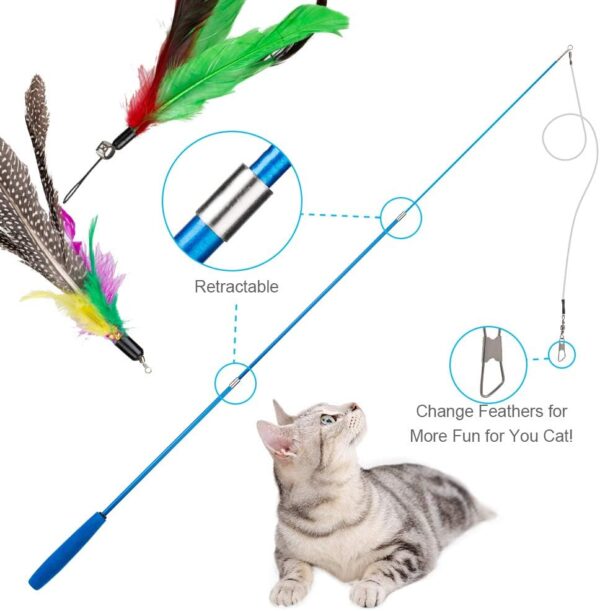 Cat Toys Feather Toy, 2PCS Retractable Wand and 10PCS Replacement Teaser with Bell Refills, Interactive Catcher and Funny Exercise for Kitten. - Image 2