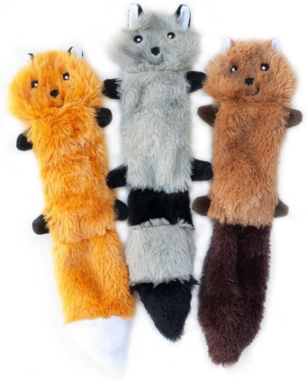 ZippyPaws Skinny Peltz - Fox, Raccoon, & Squirrel - No Stuffing Squeaky Dog Toys, Unstuffed Chew Toy for Small & Medium Breeds, Bulk Multi-Pack of 3 Soft Plush Toys, Flat No Stuffing Puppy Toys - 11"