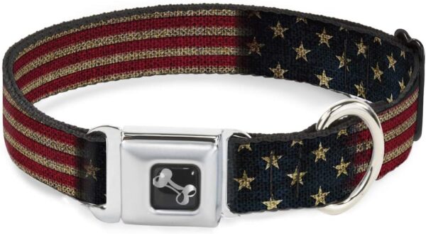 Buckle-Down Seatbelt Buckle Dog Collar - Vintage US Flag Stretch - 1" Wide - Fits 15-26" Neck - Large