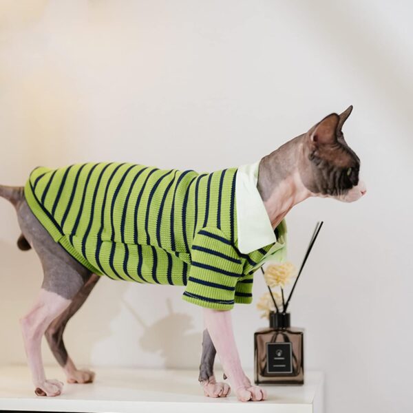 Sphynx Cat Shirt Cotton Hairless Kitten Polo T-Shirt with Sleeves Pullover Cat Pajamas for Sphynx Cornish Rex, Devon Rex, Peterbald (Green Black Polo, Medium) - Image 4