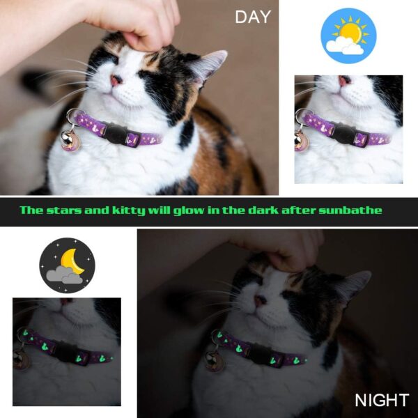 2PCS Breakaway Cat Collars with Bell Moons Stars Cute Kitty Adjustable Safe Kitten Collars with Pendant Glow in The Dark(Black&Purple) - Image 5