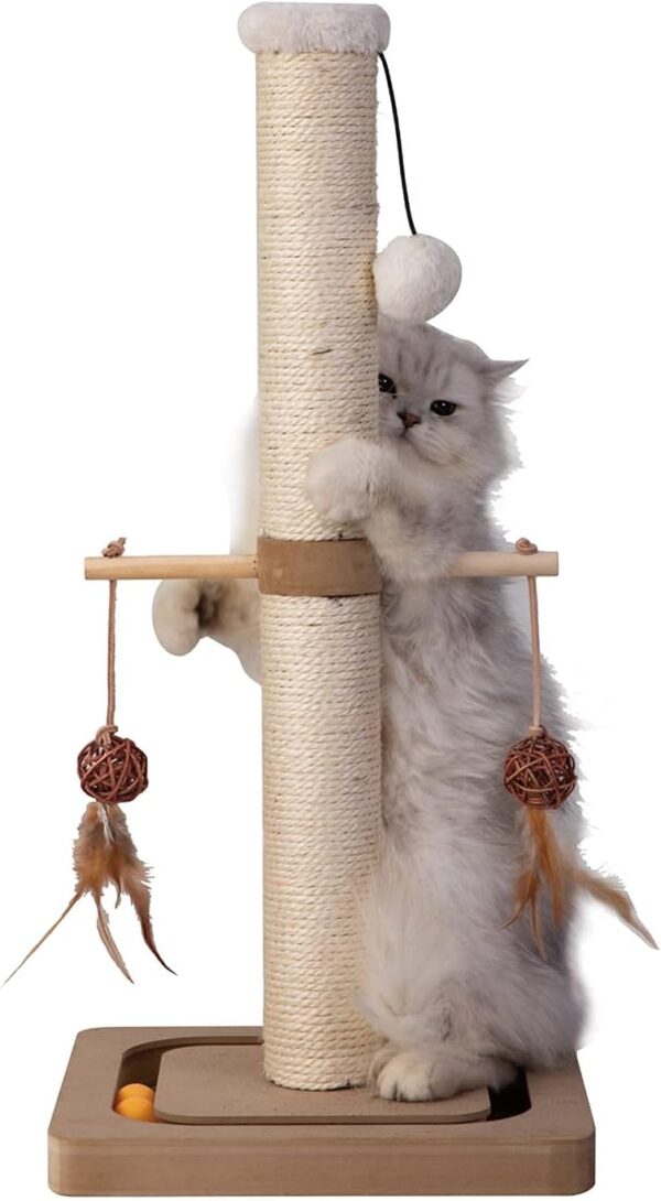 Cat Scratching Post Premium Sisal Toll Scratch Posts with Tracking Interactive Toys Vertical Scratcher for Indoor Cats and Kittens- 25 inches Beige - Image 6